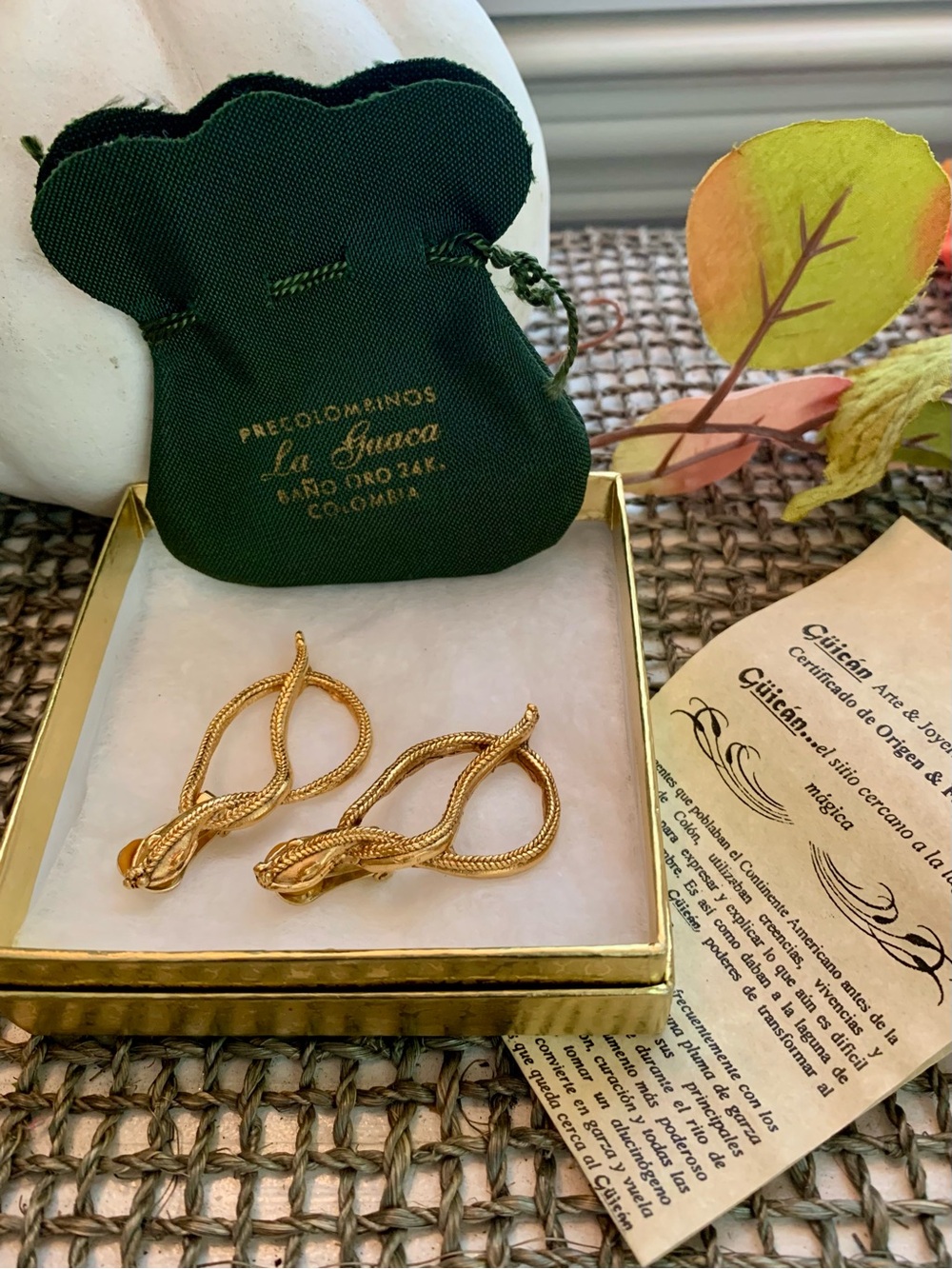 Güicán Pre Columbian Art Jewelry 24K Gold Gilt Snake Serpent Clip-On Earrings